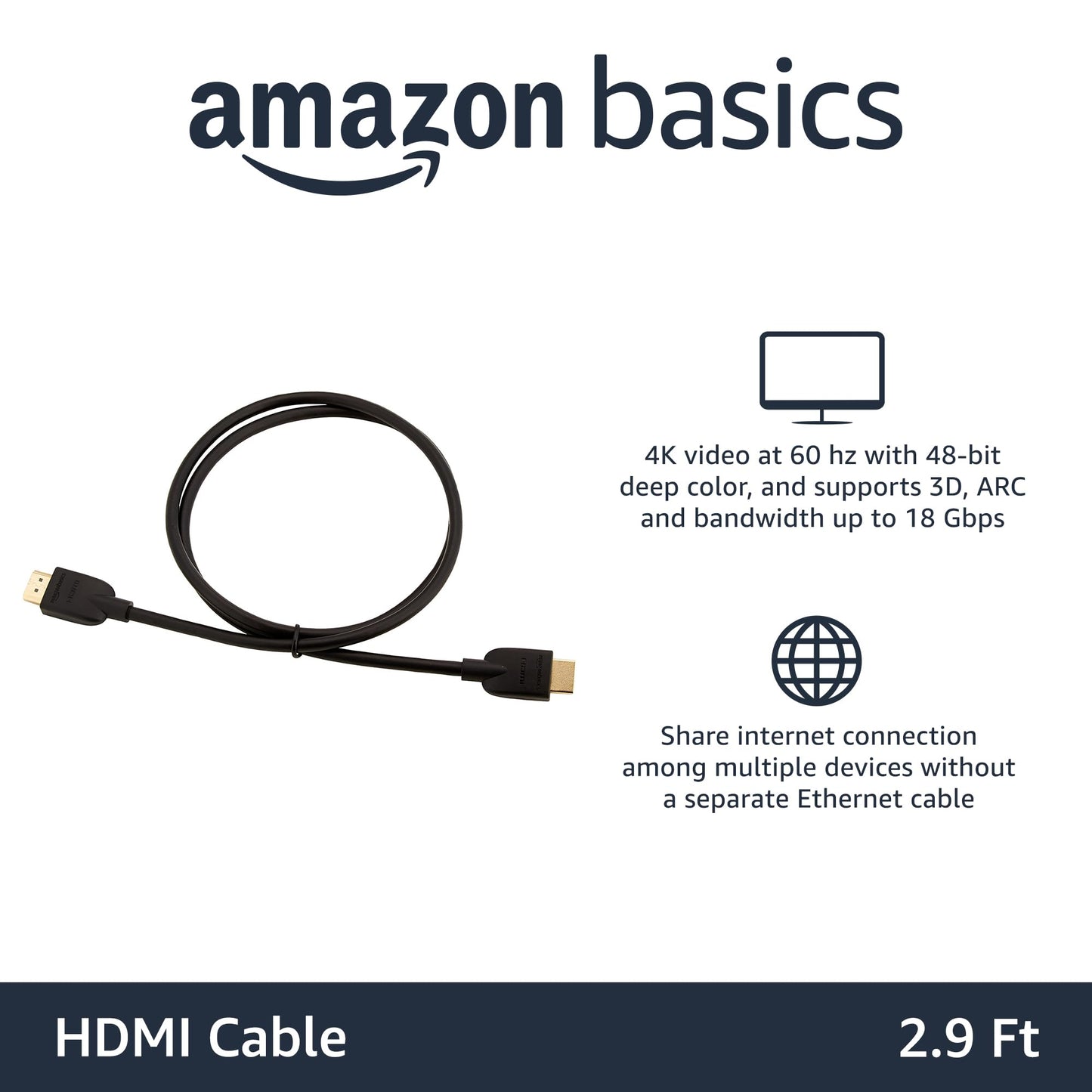 Amazon Basics HDMI Cable, 3-Pack, 10ft, 4K@60Hz, High-Speed 4K HDMI 2.0 Cord (18Gbps), 2160p, 48 bit, Compatible with TV/PS5/Xbox/Roku, Black