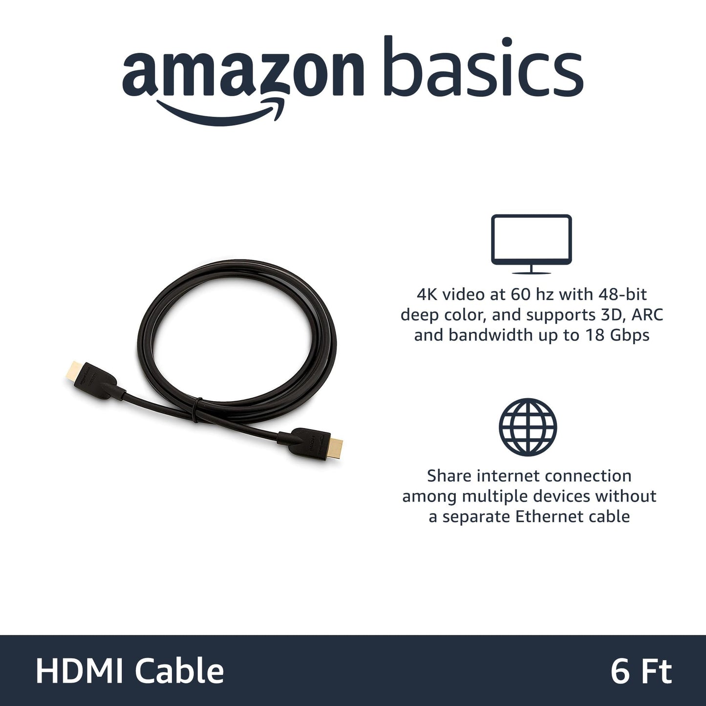 Amazon Basics HDMI Cable, 3-Pack, 10ft, 4K@60Hz, High-Speed 4K HDMI 2.0 Cord (18Gbps), 2160p, 48 bit, Compatible with TV/PS5/Xbox/Roku, Black