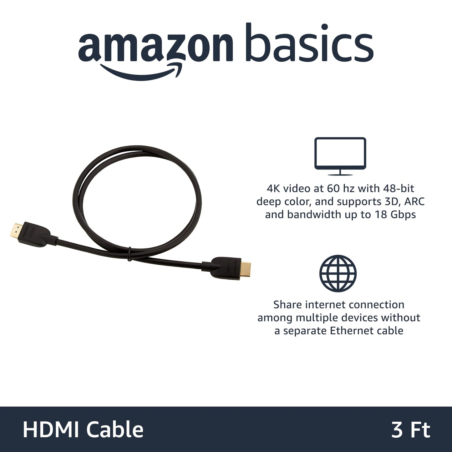 Amazon Basics HDMI Cable, 3-Pack, 10ft, 4K@60Hz, High-Speed 4K HDMI 2.0 Cord (18Gbps), 2160p, 48 bit, Compatible with TV/PS5/Xbox/Roku, Black