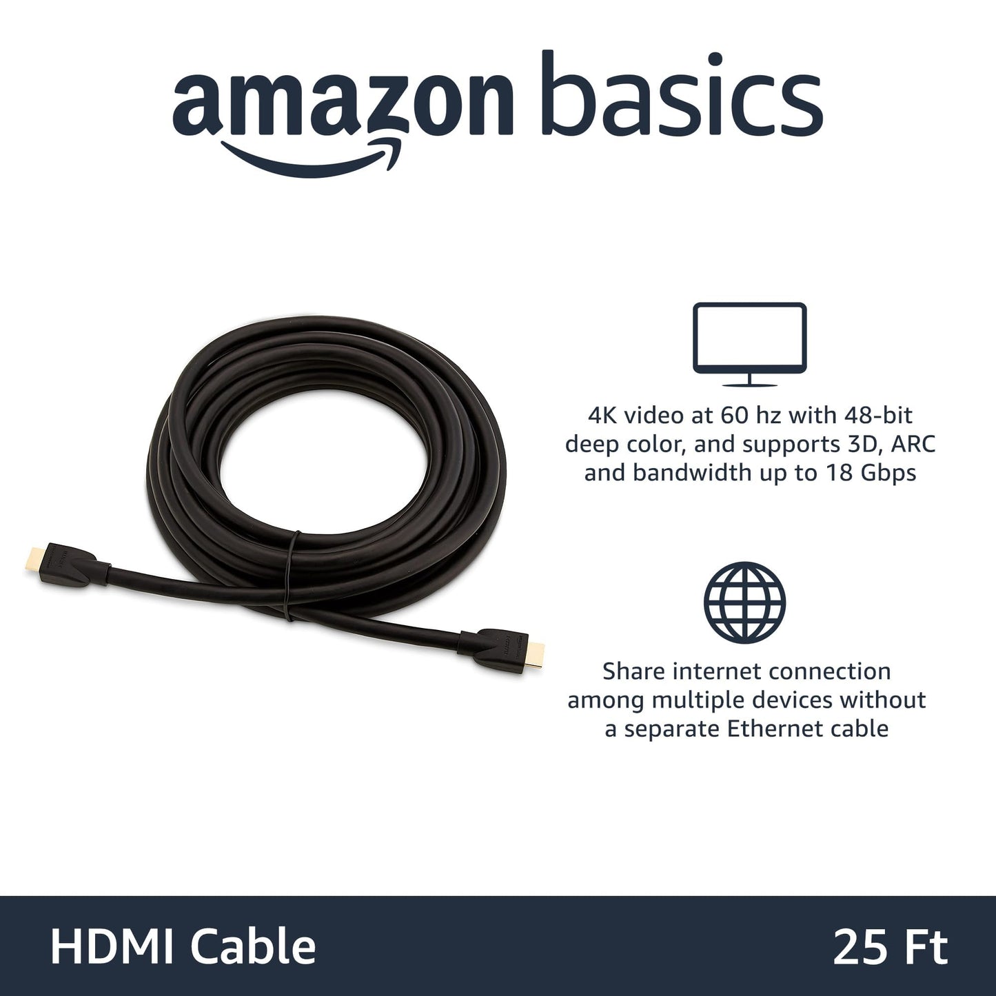 Amazon Basics HDMI Cable, 3-Pack, 10ft, 4K@60Hz, High-Speed 4K HDMI 2.0 Cord (18Gbps), 2160p, 48 bit, Compatible with TV/PS5/Xbox/Roku, Black