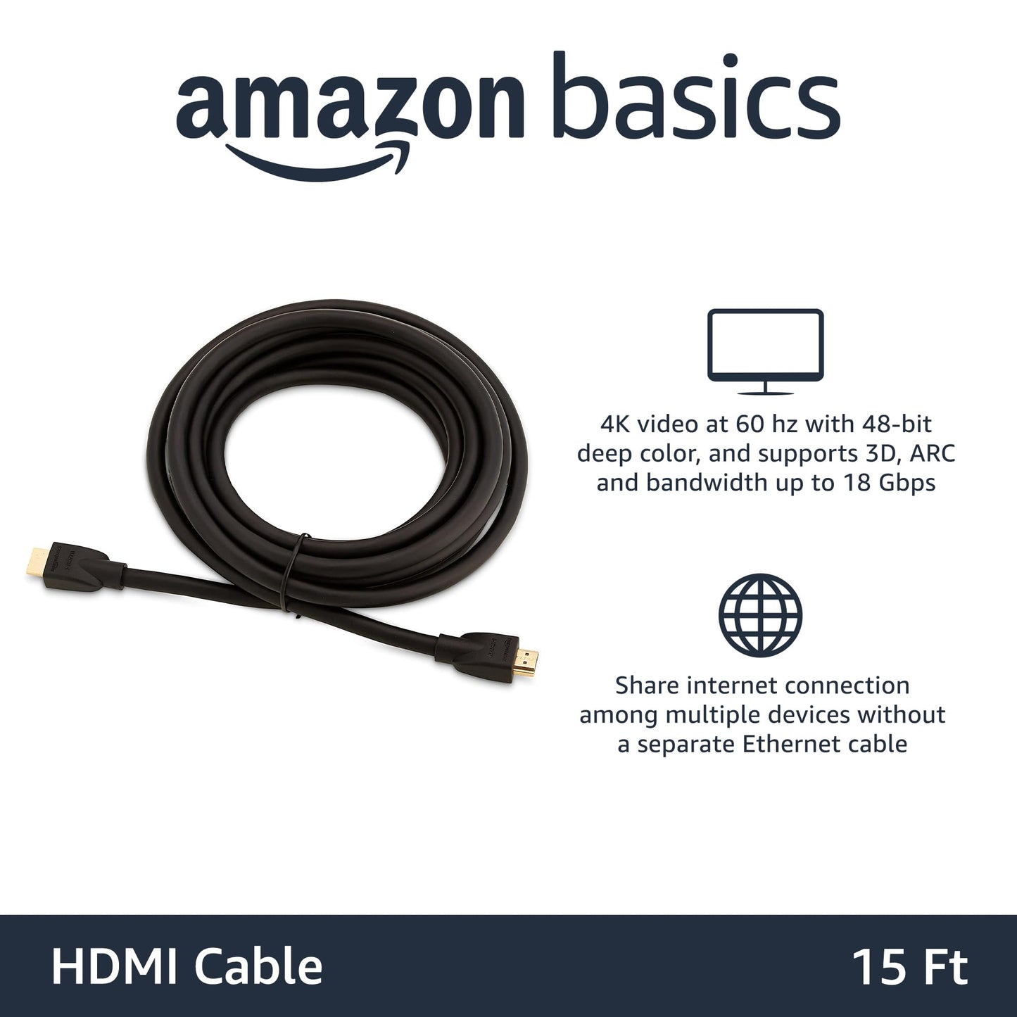Amazon Basics HDMI Cable, 3-Pack, 10ft, 4K@60Hz, High-Speed 4K HDMI 2.0 Cord (18Gbps), 2160p, 48 bit, Compatible with TV/PS5/Xbox/Roku, Black