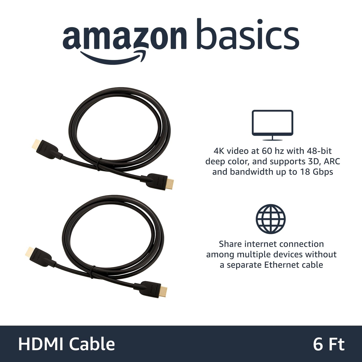 Amazon Basics HDMI Cable, 3-Pack, 10ft, 4K@60Hz, High-Speed 4K HDMI 2.0 Cord (18Gbps), 2160p, 48 bit, Compatible with TV/PS5/Xbox/Roku, Black