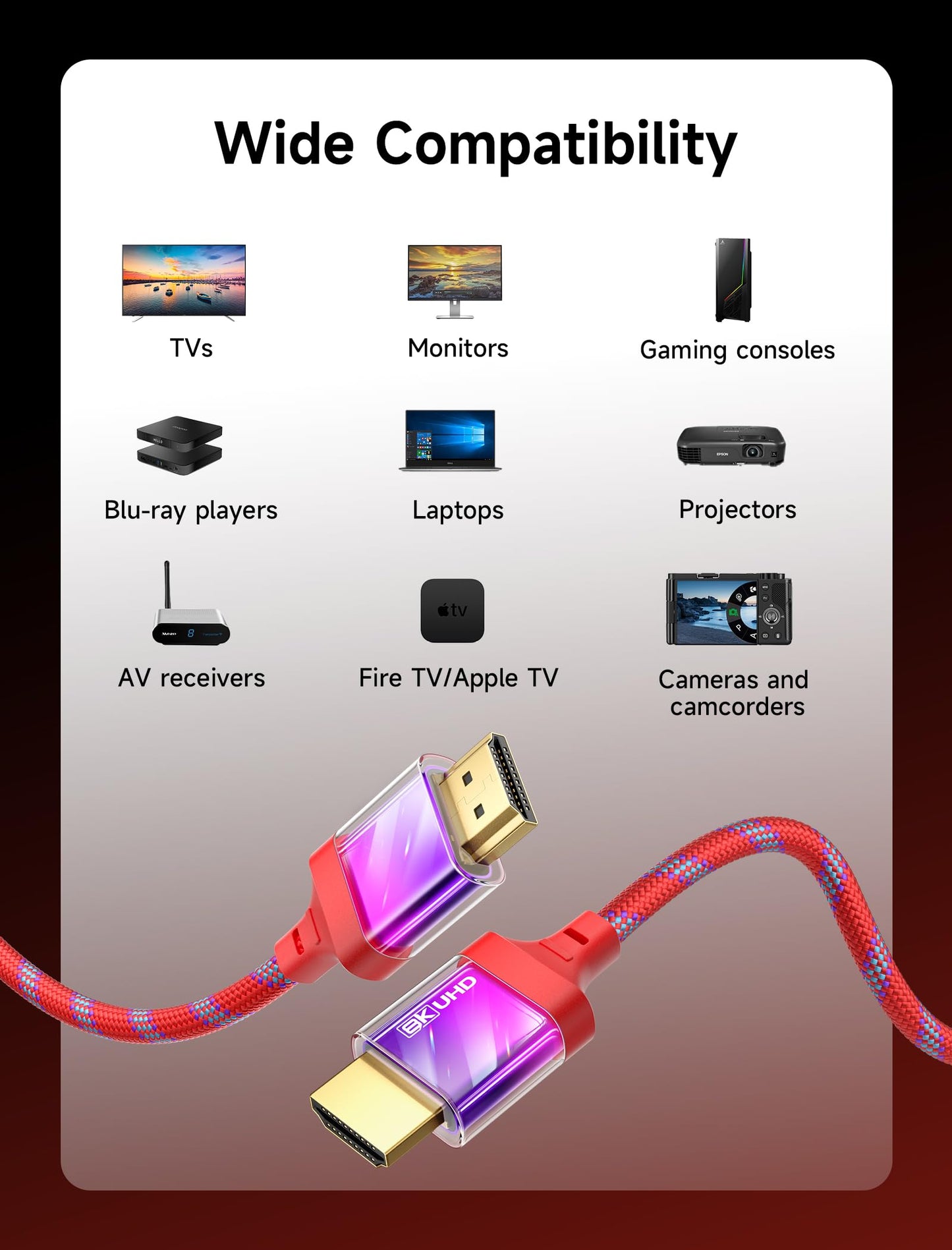 JSAUX HDMI Cables 2.1 10FT 2-Pack 48Gbps 8K@60Hz 4K Ultra High Speed Cords(7680x4320, 4K@120Hz) eARC HDR10 HDCP 2.2 & 2.3 3D, Compatible for PS5/PS4/X-Box/Roku TV/HDTV/Blu-ray/LG