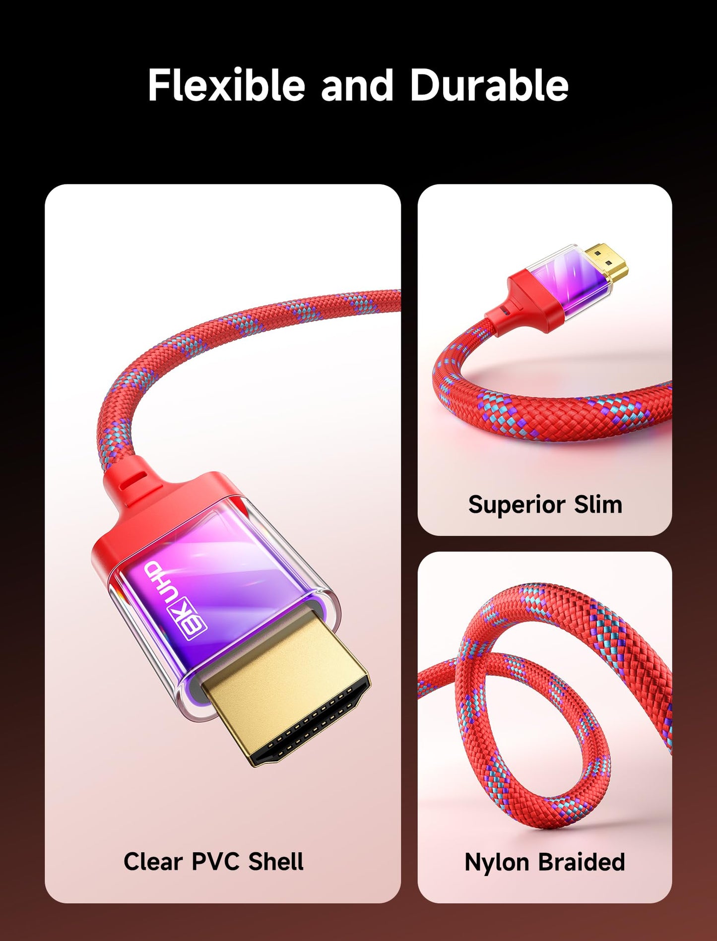 JSAUX HDMI Cables 2.1 10FT 2-Pack 48Gbps 8K@60Hz 4K Ultra High Speed Cords(7680x4320, 4K@120Hz) eARC HDR10 HDCP 2.2 & 2.3 3D, Compatible for PS5/PS4/X-Box/Roku TV/HDTV/Blu-ray/LG