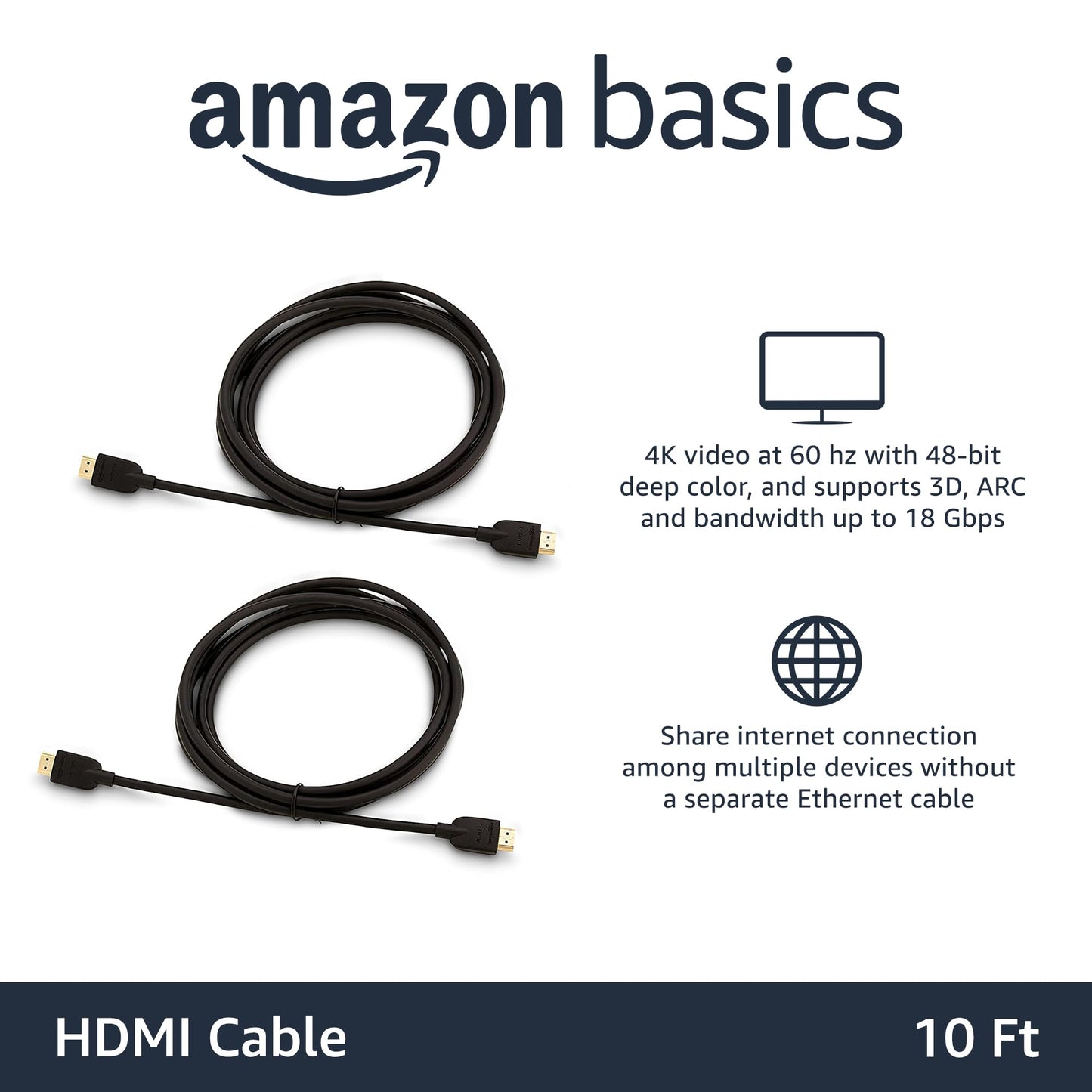Amazon Basics HDMI Cable, 3-Pack, 10ft, 4K@60Hz, High-Speed 4K HDMI 2.0 Cord (18Gbps), 2160p, 48 bit, Compatible with TV/PS5/Xbox/Roku, Black