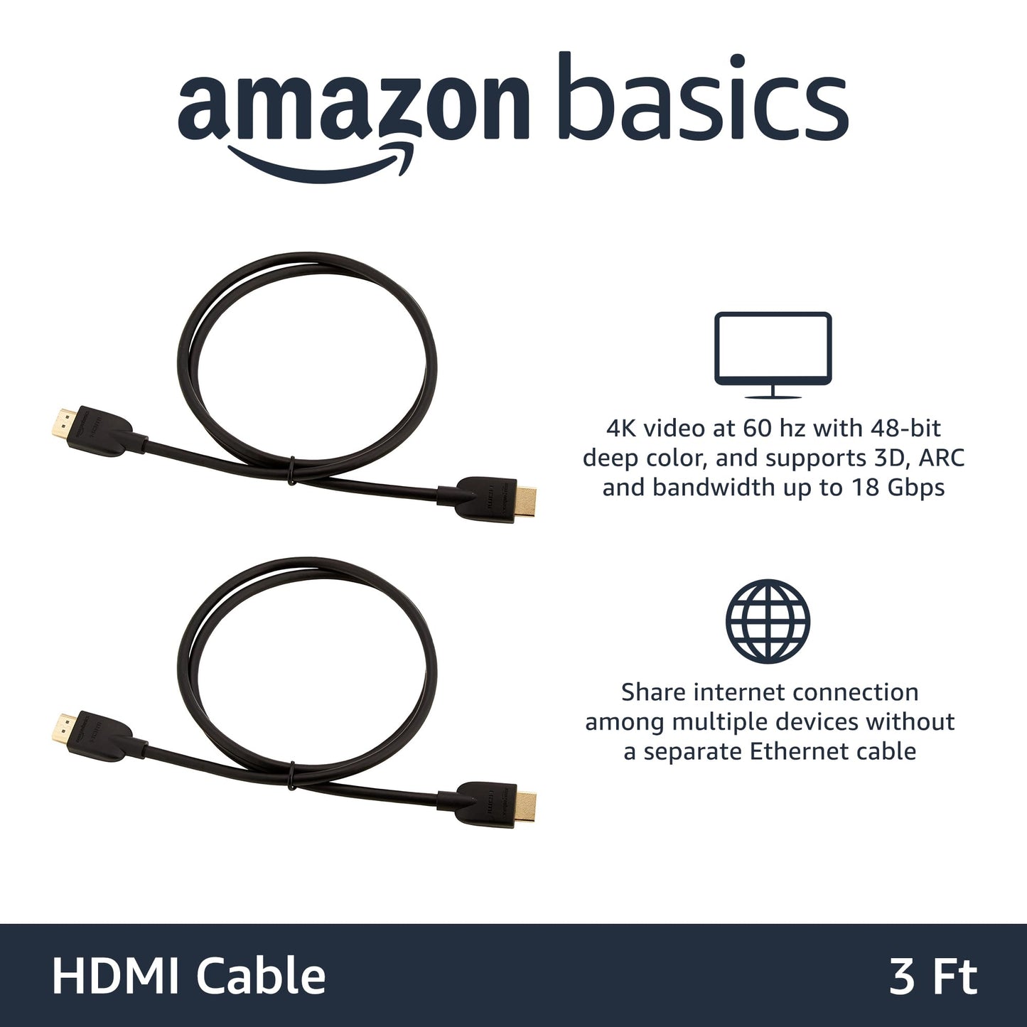 Amazon Basics HDMI Cable, 3-Pack, 10ft, 4K@60Hz, High-Speed 4K HDMI 2.0 Cord (18Gbps), 2160p, 48 bit, Compatible with TV/PS5/Xbox/Roku, Black