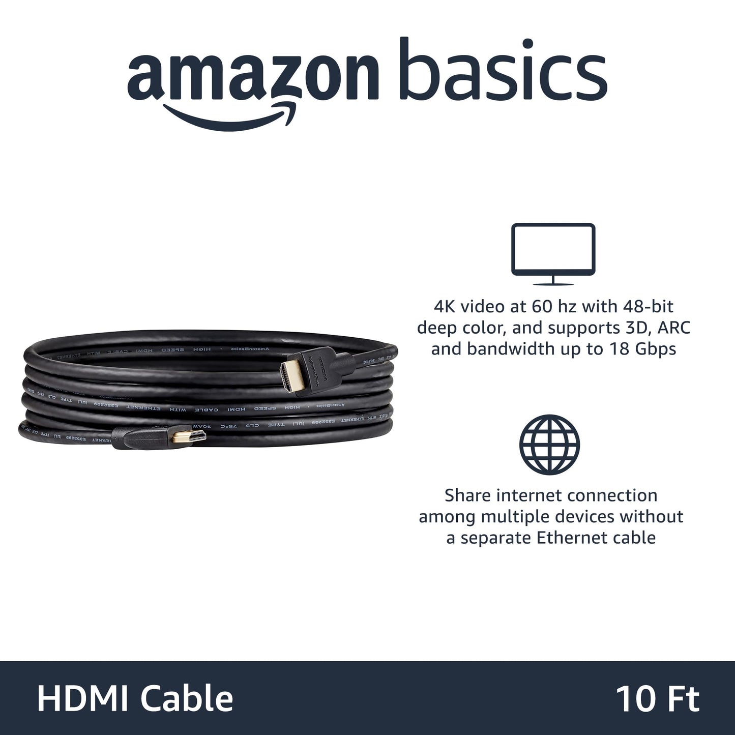 Amazon Basics HDMI Cable, 3-Pack, 10ft, 4K@60Hz, High-Speed 4K HDMI 2.0 Cord (18Gbps), 2160p, 48 bit, Compatible with TV/PS5/Xbox/Roku, Black